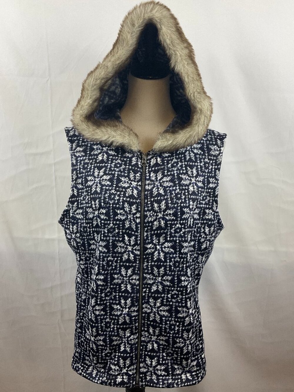 Talbots Hooded Vest Knit L Navy Blue White Full Zip Faux Fur Lined Pockets